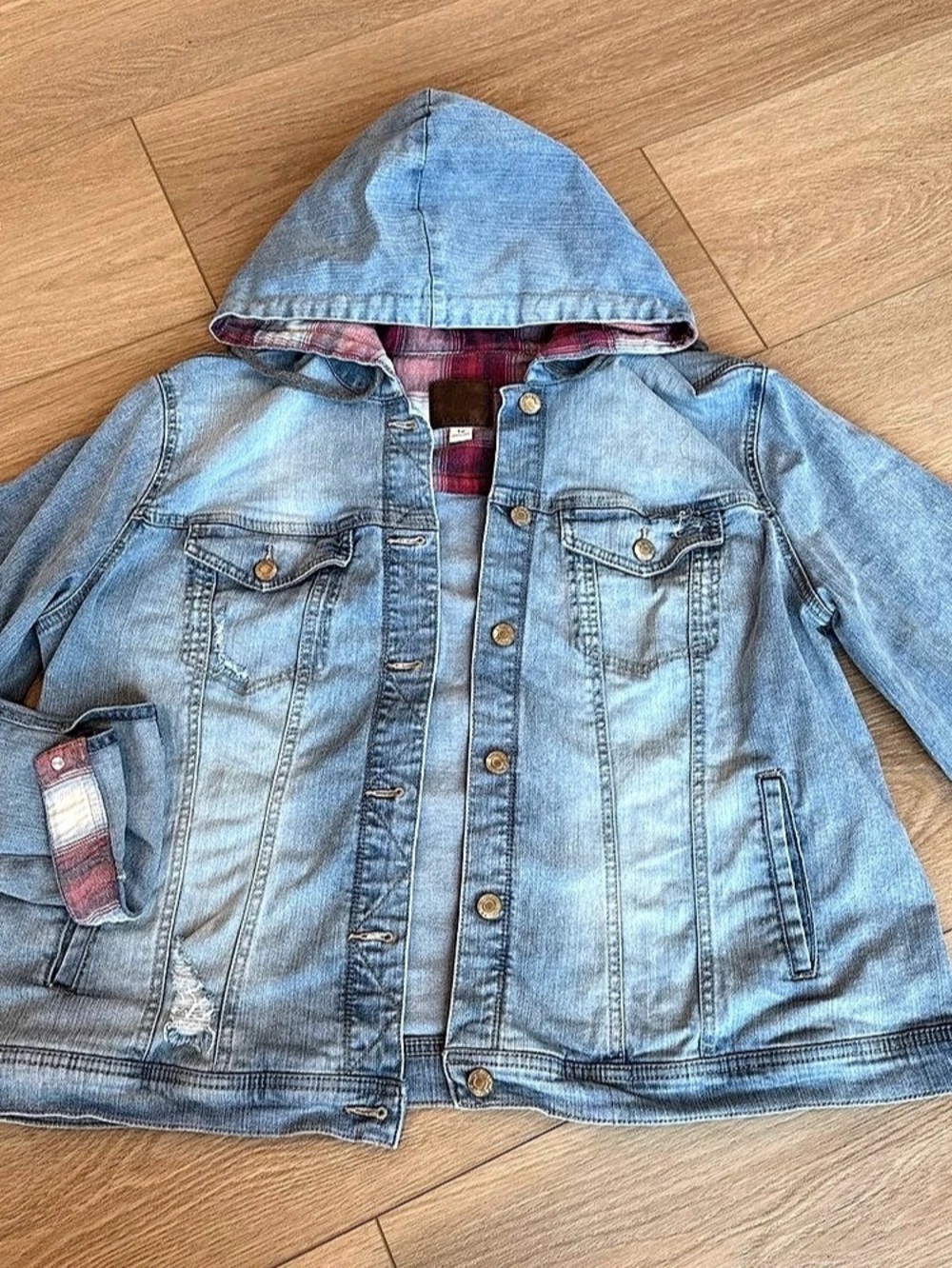 Maurices Plaid Lined Hooded Denim Jacket Blue & Red 1X